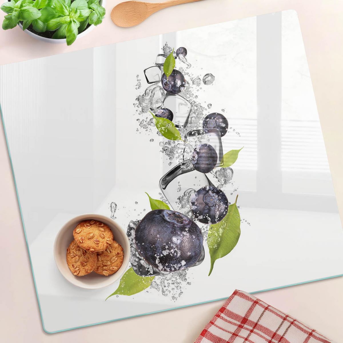 GLASPLATTE 60x52 cm Blaubeeren mit Eis - Schwarz, Glas (60/0.4/52cm) - TULUP
