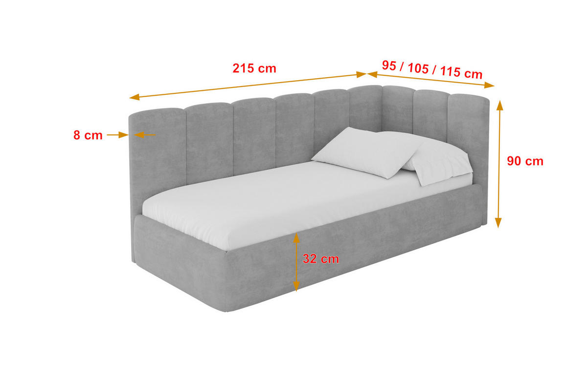 EINZELLBETT Jugendbett mit Bettkasten, Links - DEXY 90x200 Grau - Hellgrau, Holzwerkstoff/Textil (90/200cm) - ALTDECOR