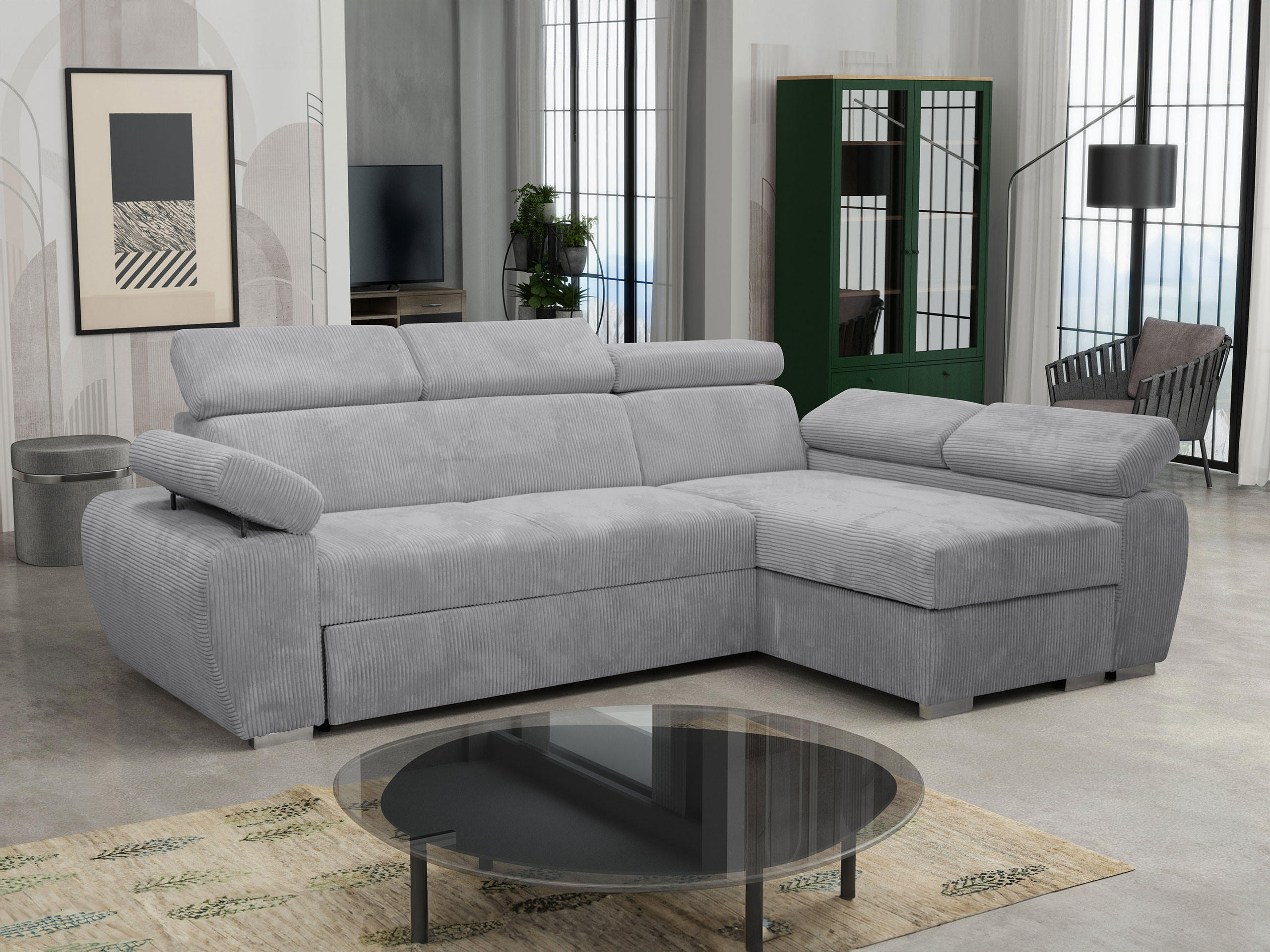 ECKSOFA Boston Mini Premium Cord 2RLC Seite: Rechts 2R+LC - Chromfarben/Hellgrau, Holz/Textil (255/170cm) - MIRJAN24