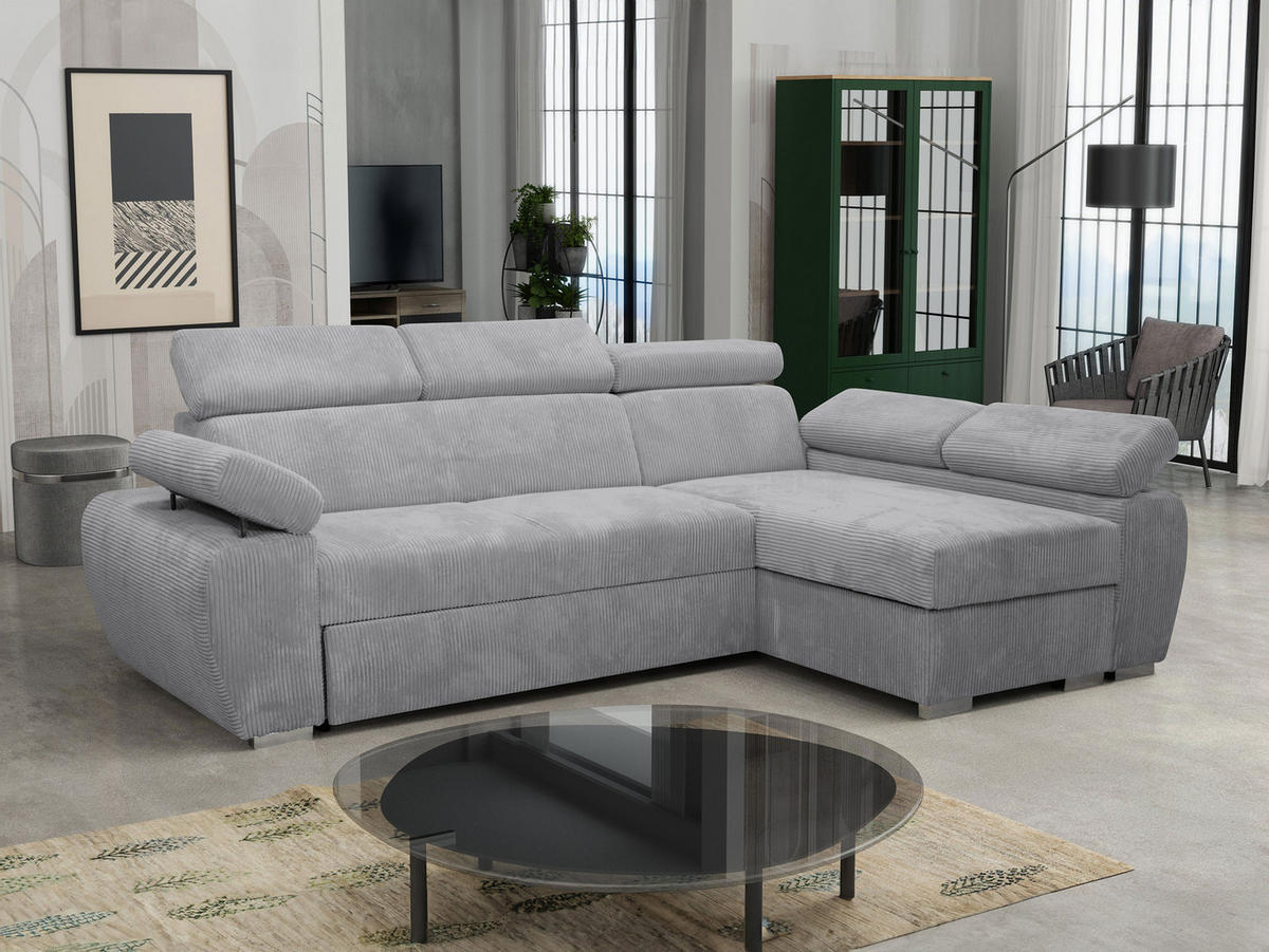 ECKSOFA Boston Mini Premium Cord 2RLC Seite: Rechts 2R+LC - Chromfarben/Hellgrau, Holz/Textil (255/170cm) - MIRJAN24