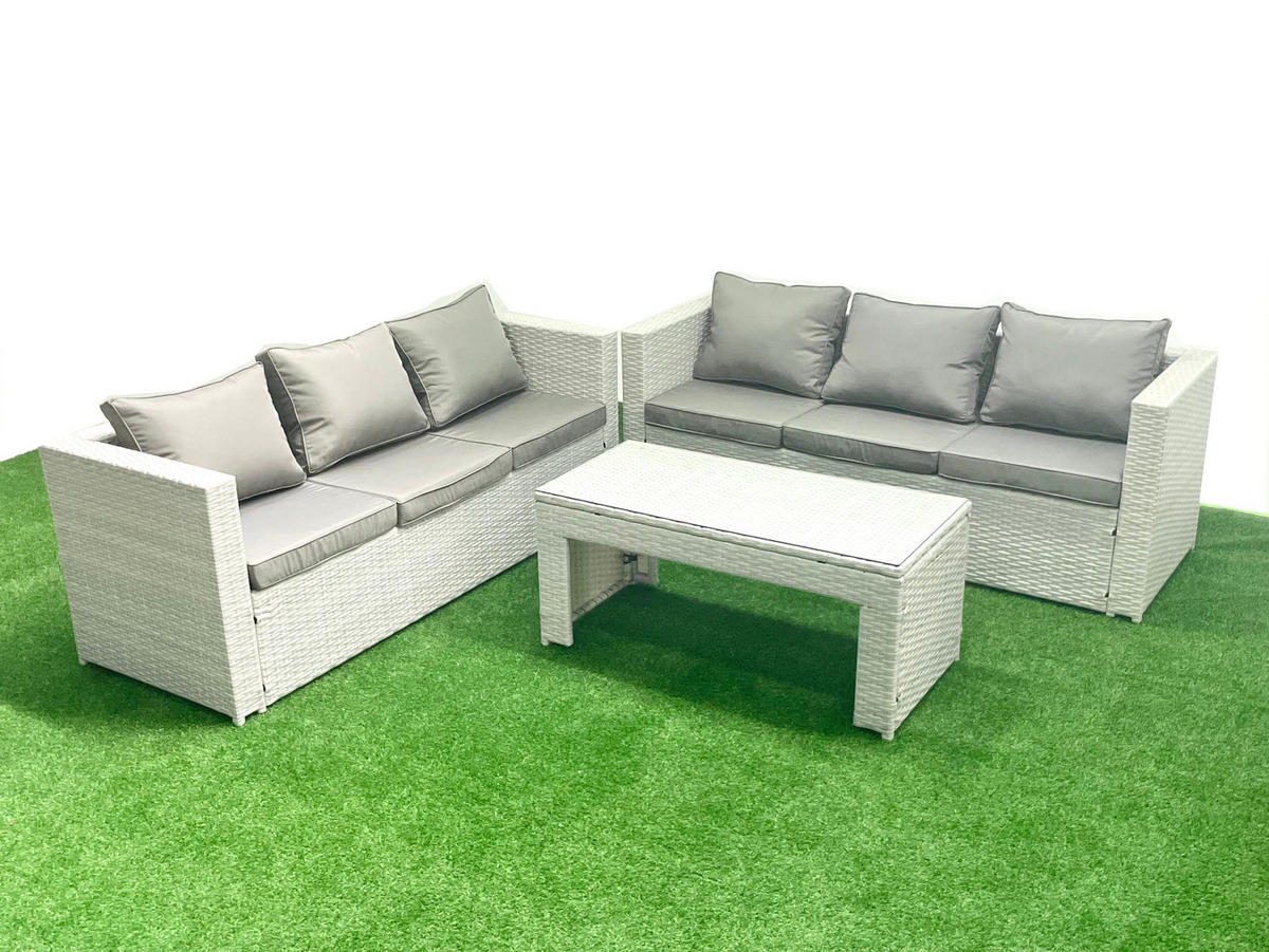 GARTENSOFA hohe Rückenlehne Polyrattan Hellgrau-Mix 6-Sitzer - Hellgrau/Grau, Glas/Kunststoff - Fimous