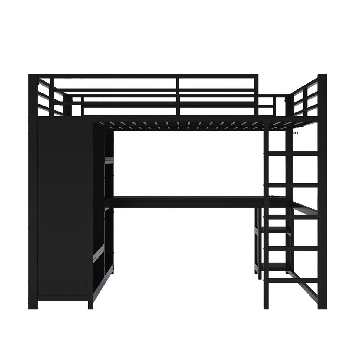 VYSOKÁ postel 160/200 cm černá s LED osvětlením psacím stolem a otevřenou skříní z kovu a MDF - černá, kov (160/200cm) - OKWISH