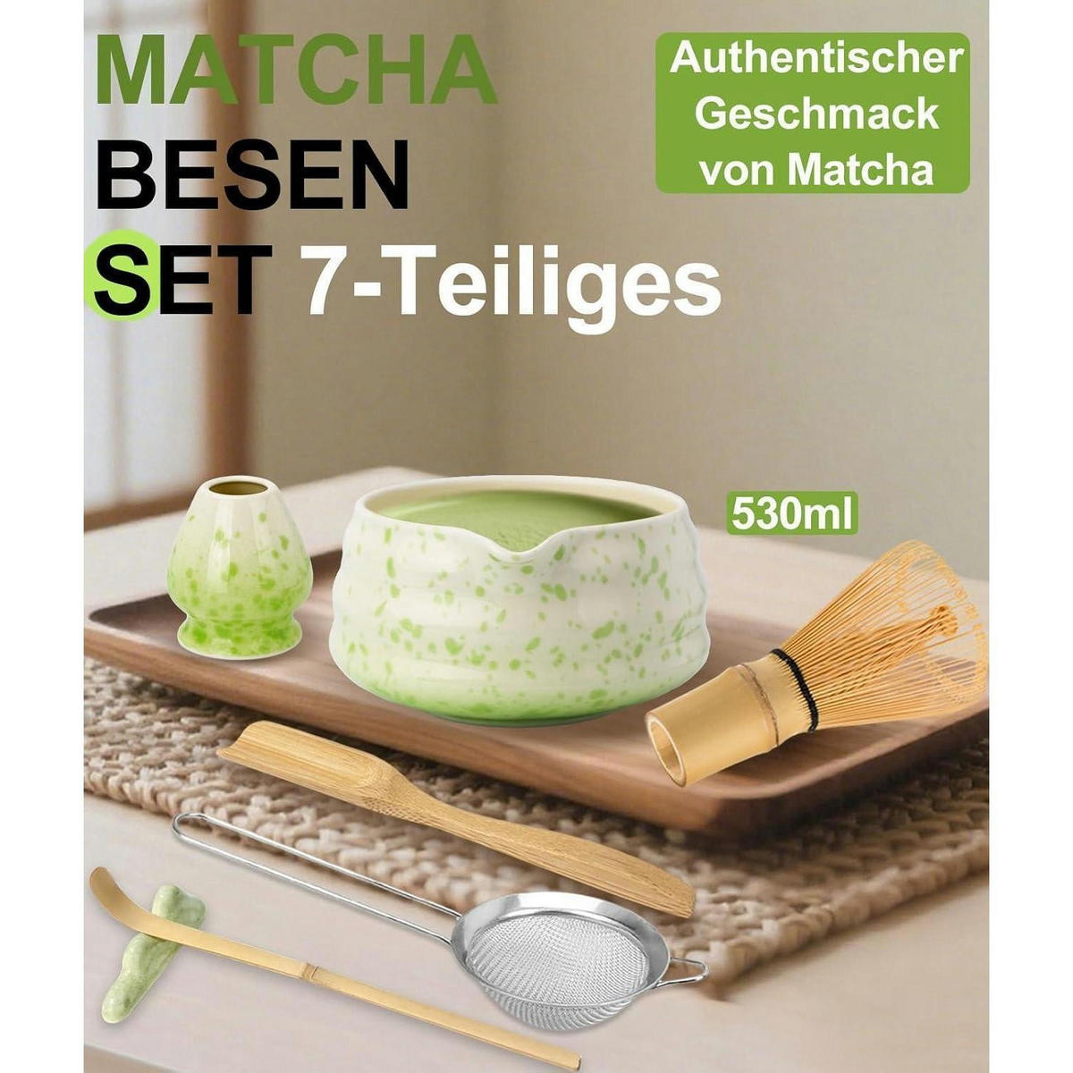 MATCHA Set 7-teilig Keramik und Bambus Beige Grün - Multicolor, Keramik (15/10/15cm)