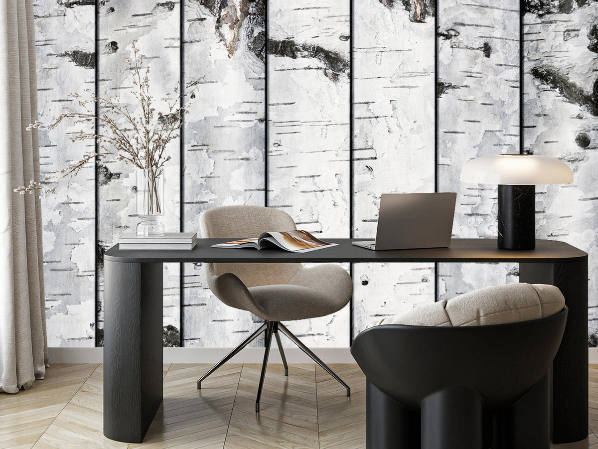 FOTOTAPETE für Schlafzimmer Birkenrinden Imitation Weiß Baum 300x210 - Schwarz/Weiß, Papier (300/210cm) - Muralo