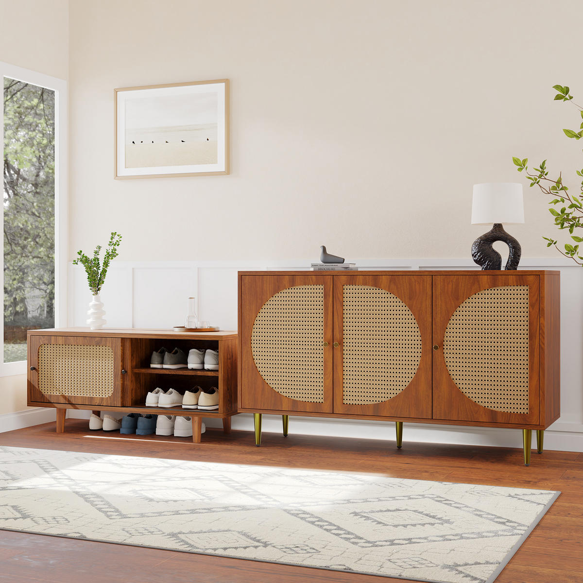 SIDEBOARD in Walnussfarben Aufbewahrungsschrank Set für Wohnzimmer, B104/T40/H48cm - Goldfarben/Walnussfarben, Holzwerkstoff/Metall (104/48/40cm) - STILVORA