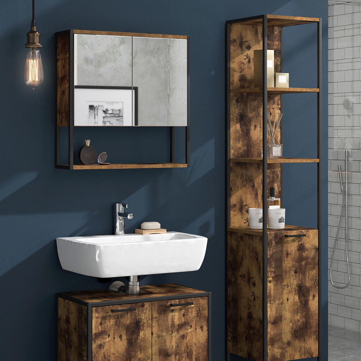 BADMÖBEL-SET Fyrk Antikholz 3 Teile, mit Unterschrank 60 cm - Eichefarben/Schwarz, Holzwerkstoff (60/60/33cm) - Vicco
