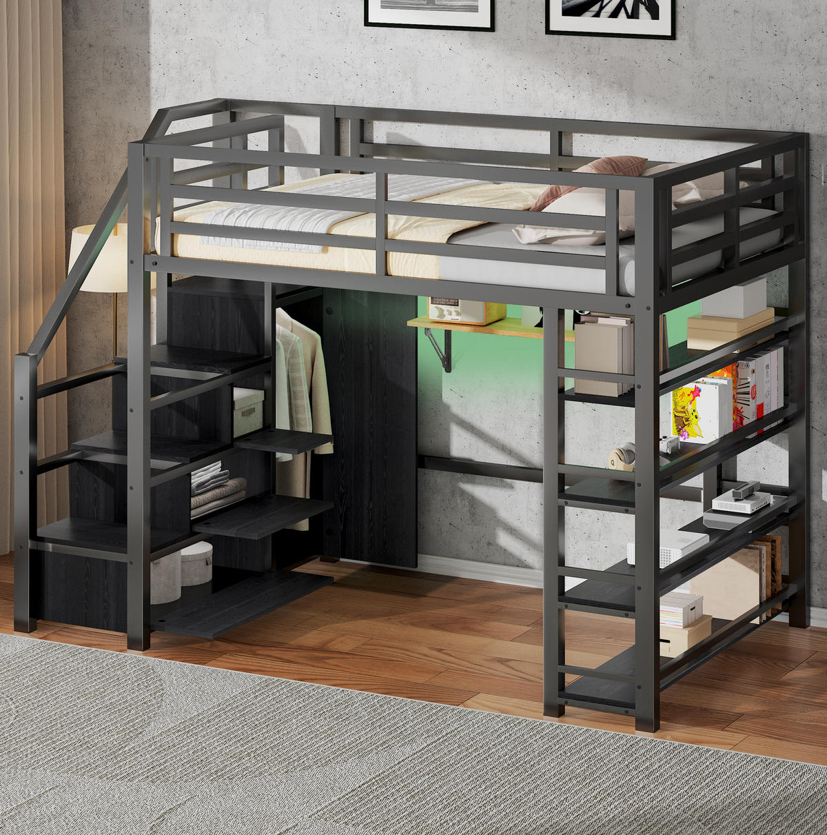HOCHBETT 140/200 cm aus Metall und MDF mit Kleiderschrank, Stauraumtreppe und LED-Beleuchtung Schwarz - Schwarz, Holzwerkstoff (140/200cm) - Modenvie