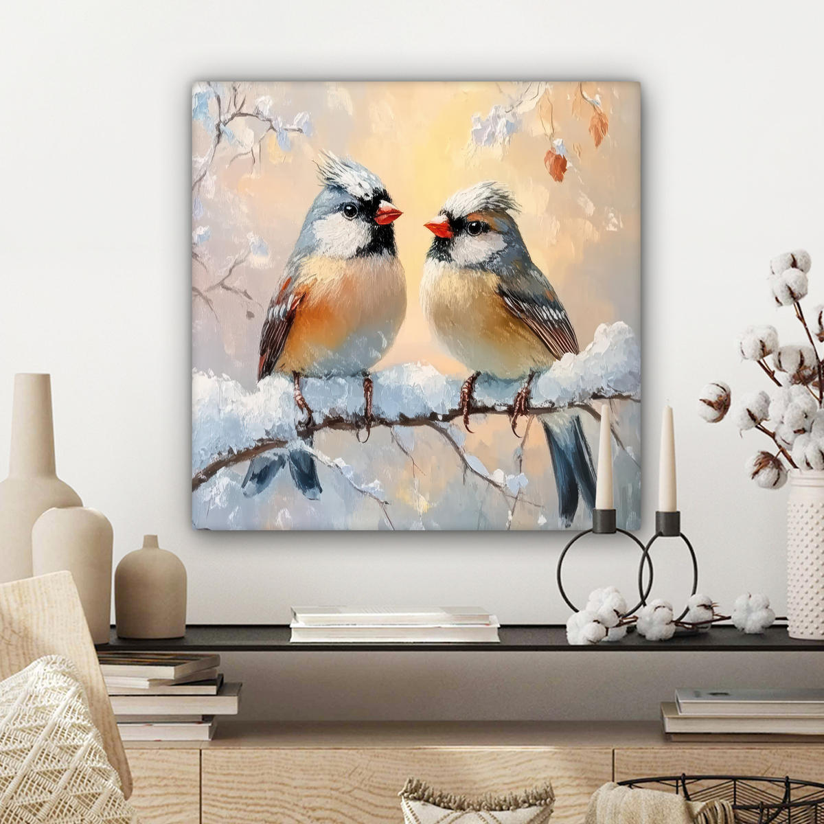 LEINWANDBILD Vögel - Zweig - Winter - Schnee 50x50 cm - Pastellblau, Textil (50/50cm) - MuchoWow