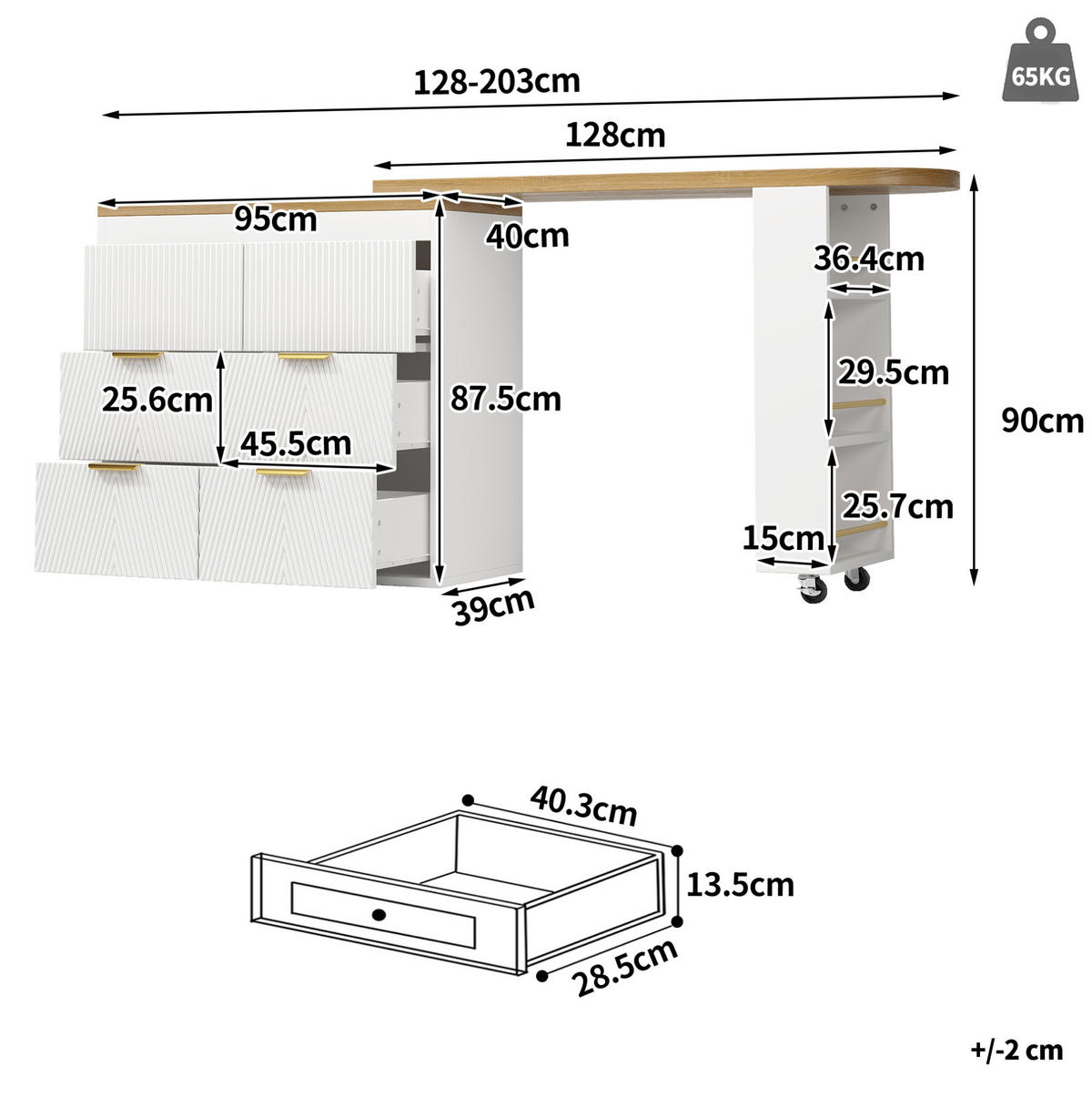 BAROVÝ stůl z MDF 128-203/39/90 cm otočný o 360° se 6 zásuvkami a pojistkou proti převrácení, Bílá - bílá, kompozitní dřevo (39/203/90cm) - Redom