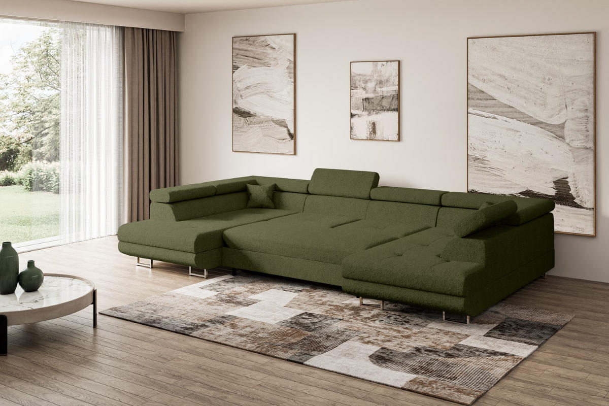 WOHNLANDSCHAFT mit Schlaffunktion und Bettkasten GUSA-U 342x202x107 cm Grün Bouclé - Silberfarben/Grün, Holzwerkstoff/Textil (342/107/202cm) - ALTDECOR