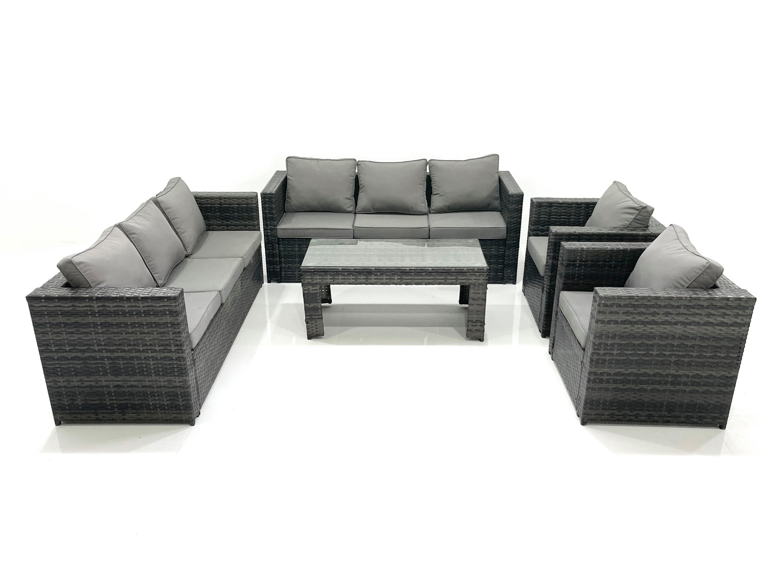 GARTENMÖBEL COUCHTISCH SET mit Sofa Polyrattan Outdoor 8-Sitzer - Dunkelgrau/Grau, Glas/Kunststoff - Fimous