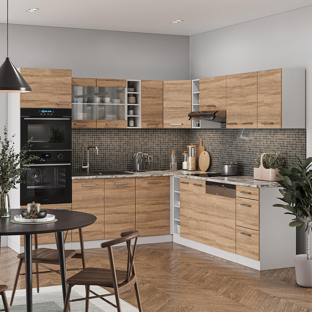 ECKKÜCHE R-Line Sonoma/Weiß 237 x 60 cm, AP Marmor - Weiß/Sonoma Eiche, Holzwerkstoff (247/81.6/60cm) - Vicco