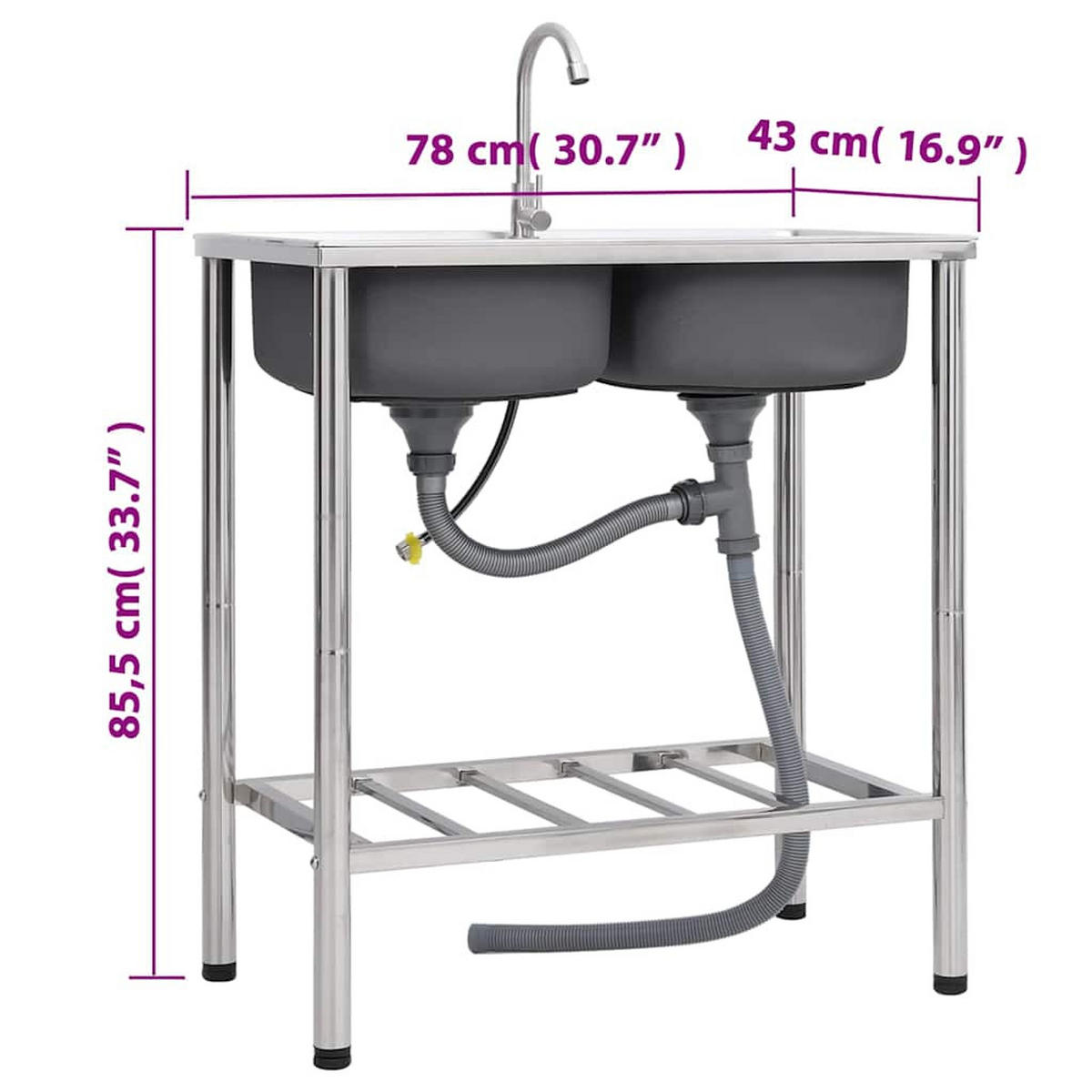 CAMPING-SPÜLE Mit Doppelbecken Und Wasserhahn Edelstahl - Silberfarben, Metall (43/85.5/78cm) - vidaXL