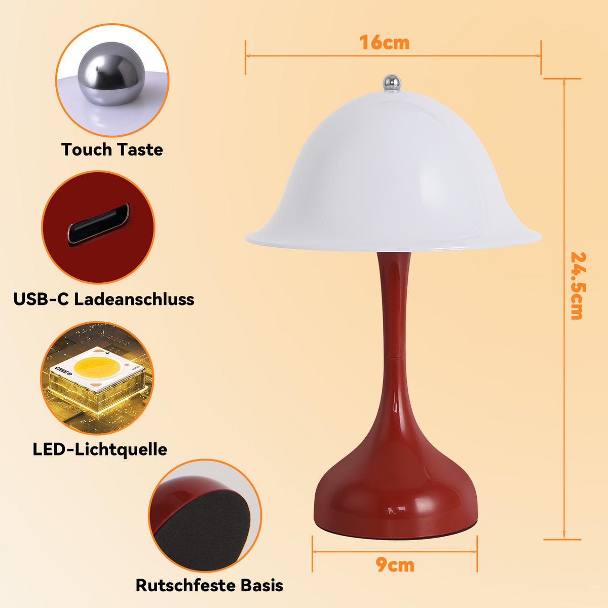 LED TISCHLAMPE Auralume 16/9/24.5 cm - Rot, Kunststoff (16/9/24.5cm) - ZMH