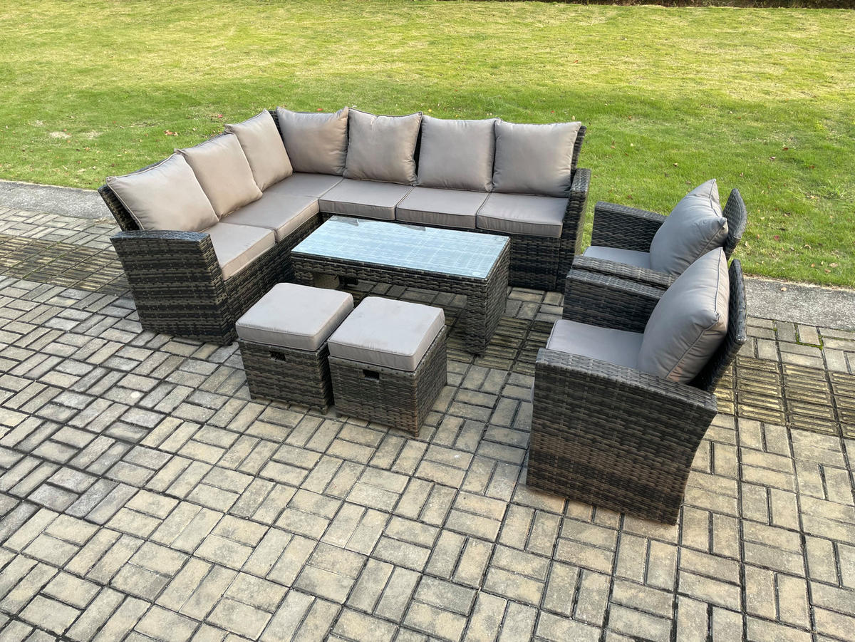 BALKONMÖBEL-SETS mit Ecksofa,Länglicher Couchtisch,Hocker Polyrattan Dunkelgrau 10-Sitzer - Dunkelgrau/Grau, Glas/Kunststoff - Fimous