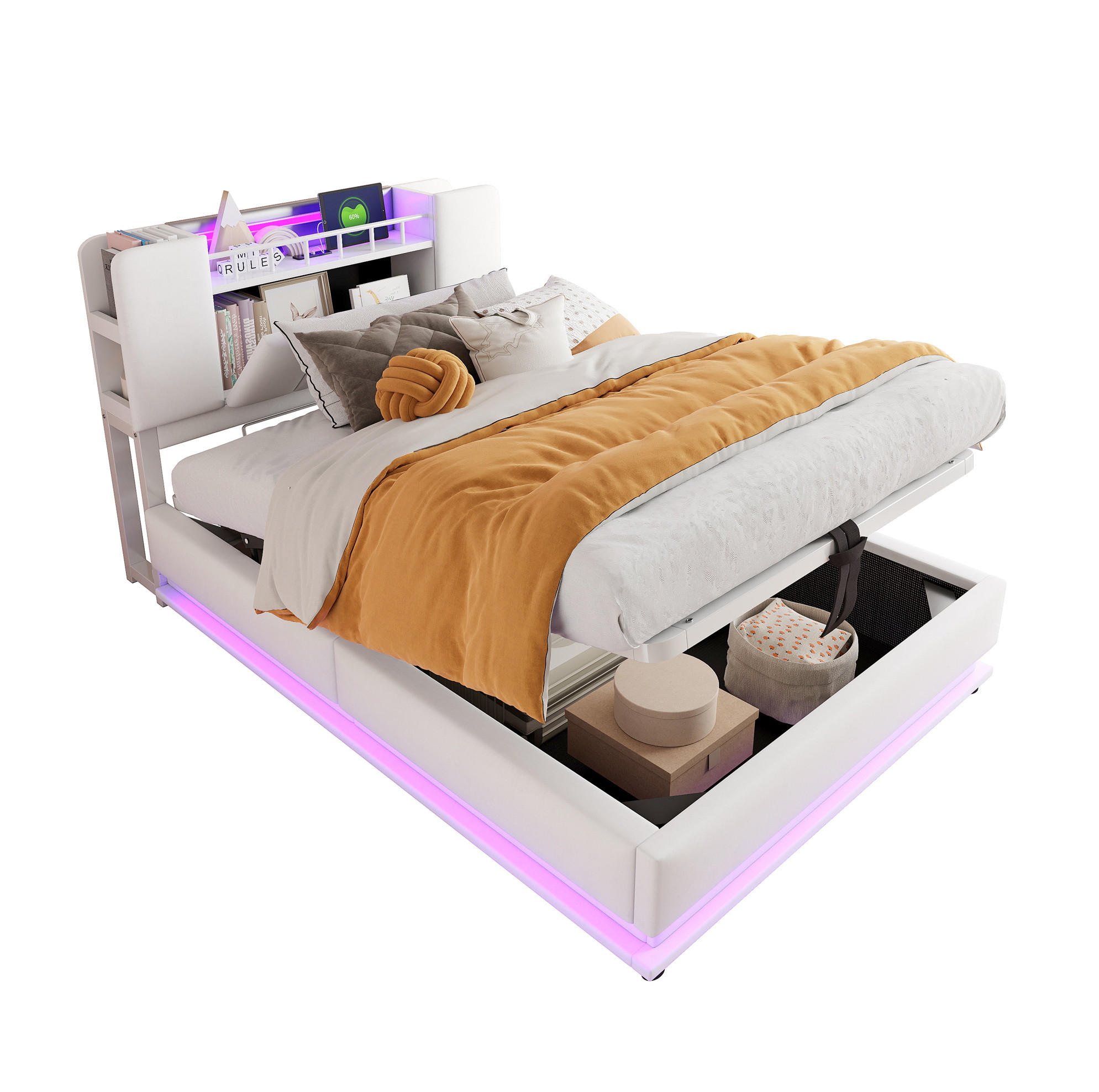 POLSTERBETT 90/200 cm mit LED-Beleuchtung, USB-Anschluss und Bettkasten - Beige, Textil (90/200cm) - BEAOK
