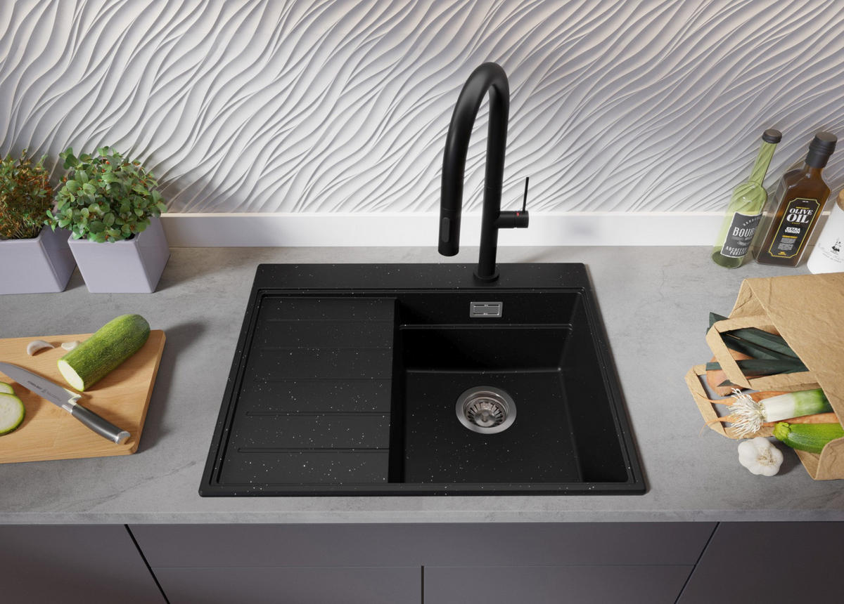 SPÜLBECKEN Sydney, 2-er set Schwarz Metallic 62/50 cm 1 Becken + Ablauf-Set + Küchenzubehörset ab 40er Unterschrank - Chromfarben/Schwarz Hochglanz, Kunststoff (62/20/50cm) - Primagran