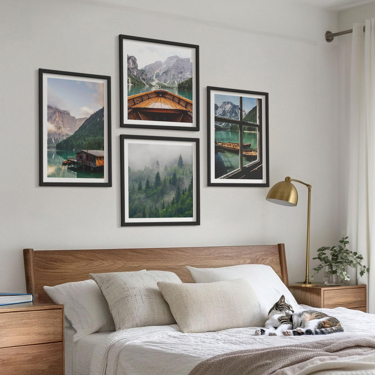 BILDER SET 4er Set - 50x50 cm & 40x60 cm Schwarzer Rahmen - Hütten am Bergsee Łódź - Schwarz, Kunststoff (50/50cm) - TULUP
