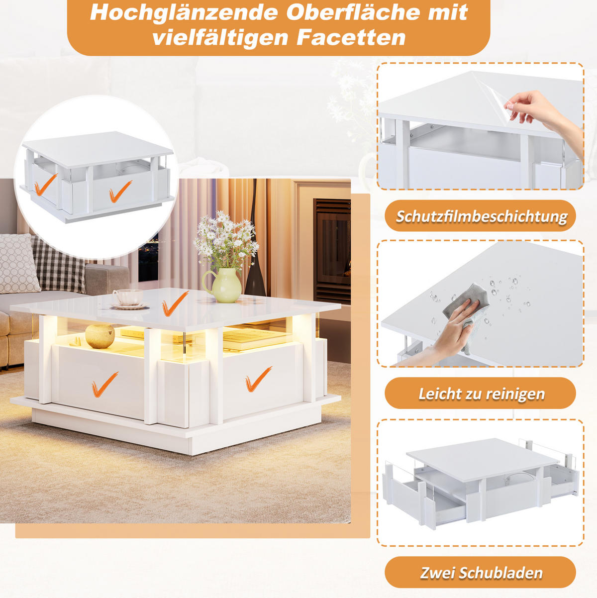 COUCHTISCH 70/70/35 cm mit 2 Schubladen, LED-Beleuchtung und Acrylablagen, Weiß - Weiß, Holzwerkstoff (70/70/35cm) - Redom