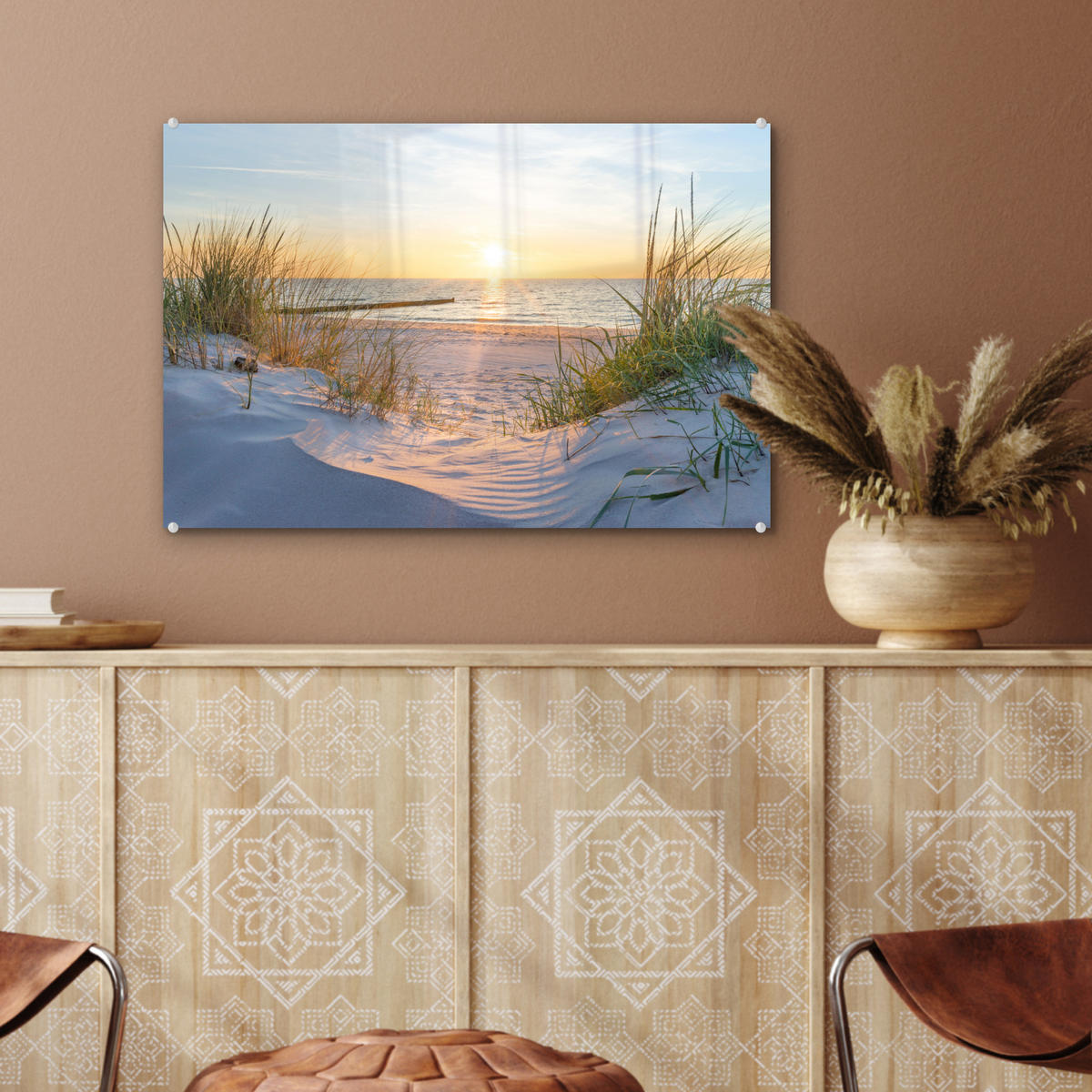 ACRYLGLASBILD Strand - Sonne - Düne - Gras - Sand - Horizont 60x40 cm - Hellblau, Glas (60/40cm) - MuchoWow