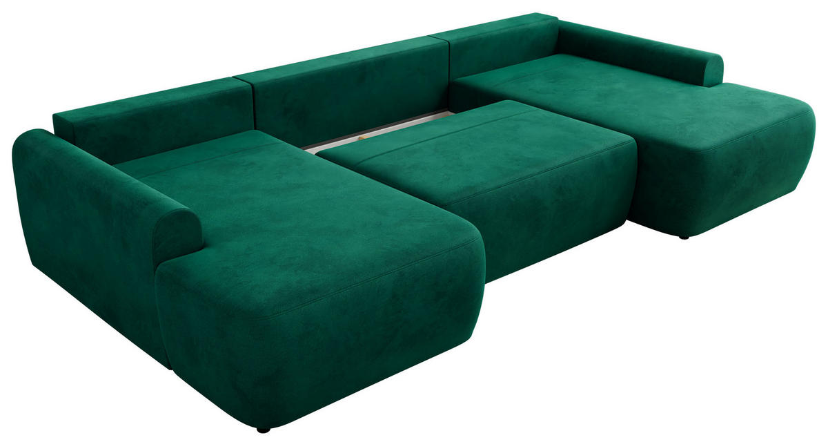 WOHNLANDSCHAFT CUBO U Dunkelgrün Velvet - Dunkelgrün/Schwarz, Kunststoff/Textil (370/100/187cm) - MKS