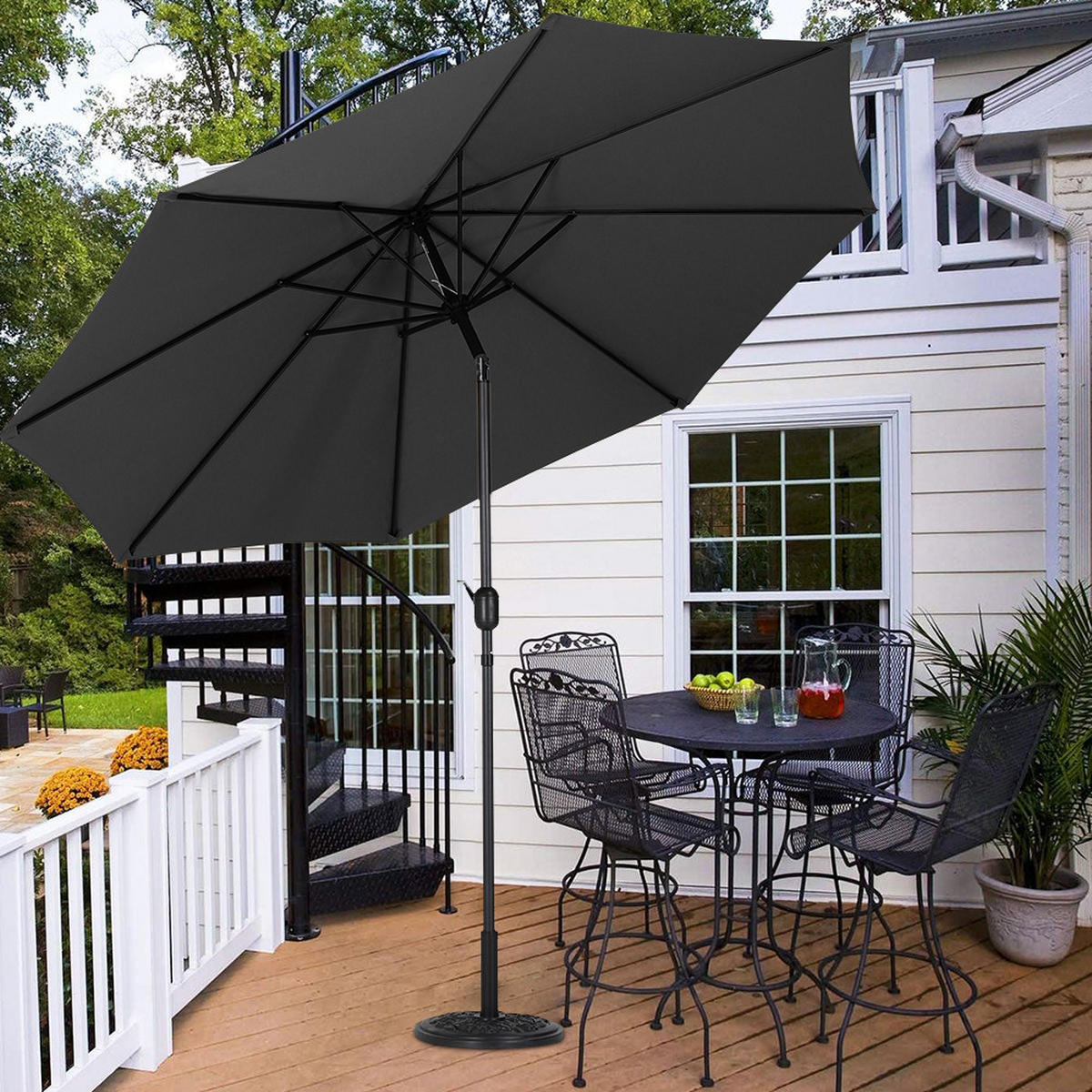 SONNENSCHIRM aus Polyester Metall und Sonnenschirmfuß aus Cement Blumenmuster 360° drehbar neigbar 60° 3 x 2.4m Ø45 × 25 cm - Schwarz, Metall (300/240cm) - Livingandhome