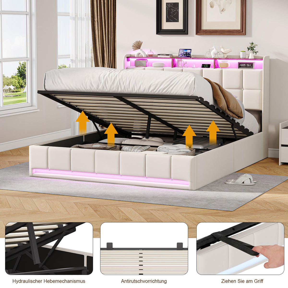 POLSTERBETT 160x200 cm Beige mit LED Beleuchtung, Kopfteil mit Stauraum und USB/Type-C, hydraulisches Stauraumbett - Beige, Metall (160/200cm) - EuroLiving