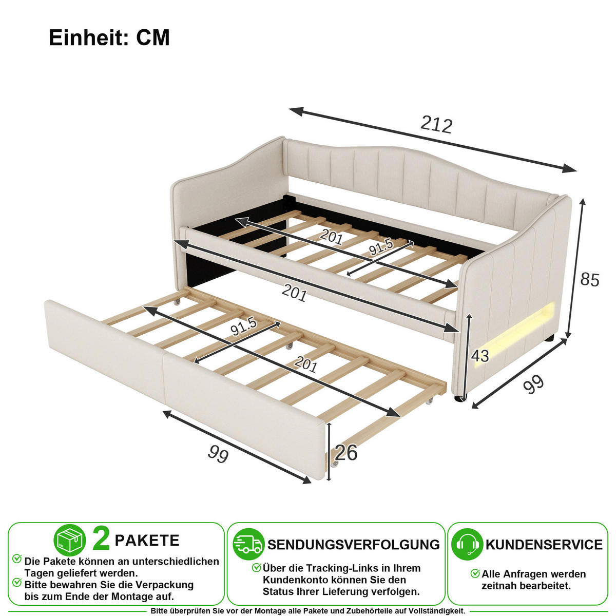 POSTEL 90/200 cm & 90/200 cm v béžové barvě s výsuvným lůžkem a LED - béžová, kov/kompozitní dřevo (90/200cm) - CHICFURN
