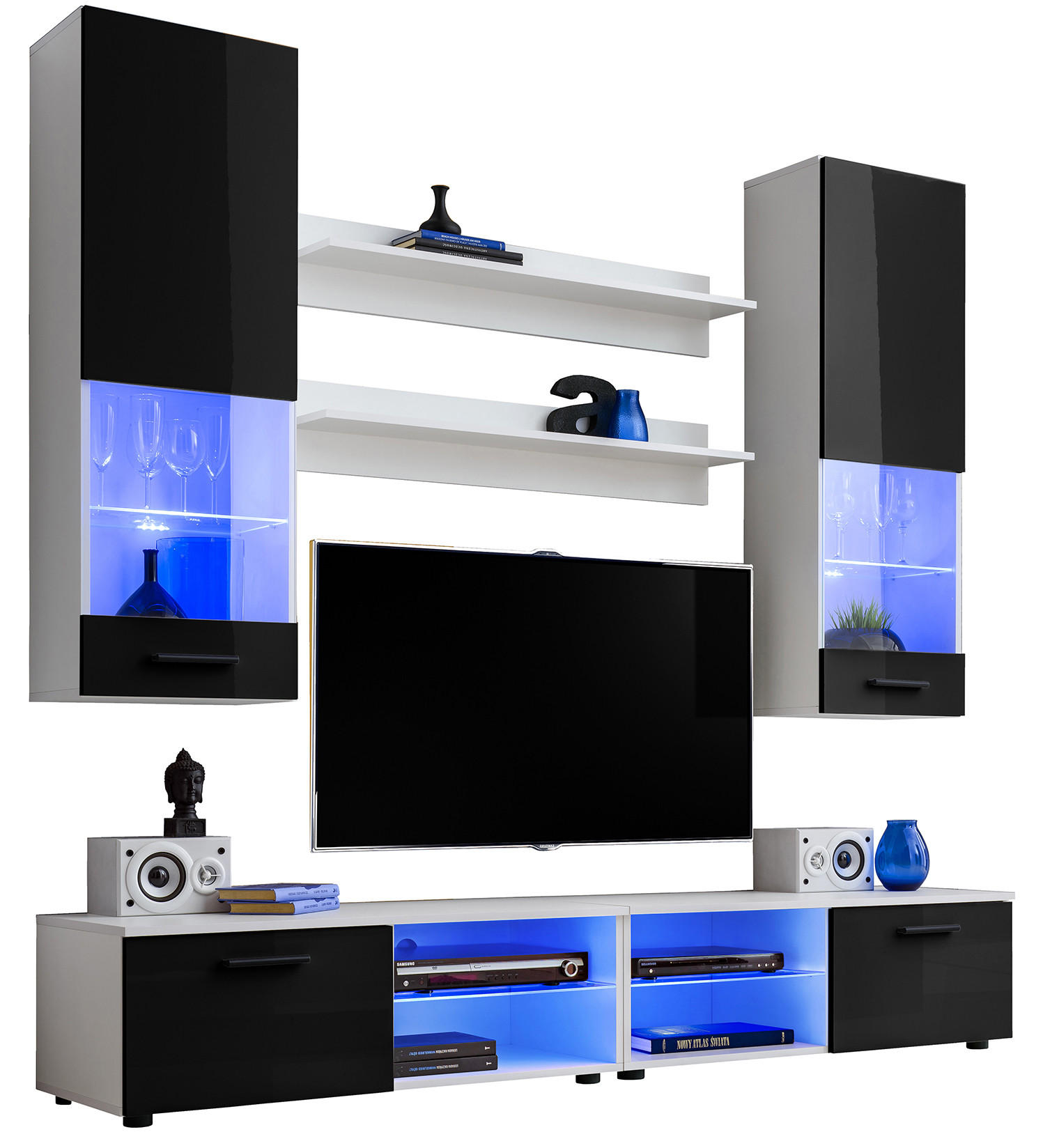 WOHNZIMMERSET VARALLO, 6er-Set, Weiß, Front Hochglanz Schwarz , LED Blau - Schwarz/Weiß, Glas/Holzwerkstoff (200/190/45cm) - Komodee