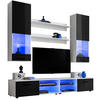 WOHNZIMMERSET VARALLO, 6er-Set, Weiß, Front Hochglanz Schwarz , LED Blau - Schwarz/Weiß, Glas/Holzwerkstoff (200/190/45cm) - Komodee