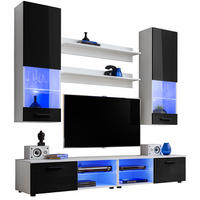 WOHNZIMMERSET VARALLO, 6er-Set, Weiß, Front Hochglanz Schwarz , LED Blau - Schwarz/Weiß, Glas/Holzwerkstoff (200/190/45cm) - Komodee