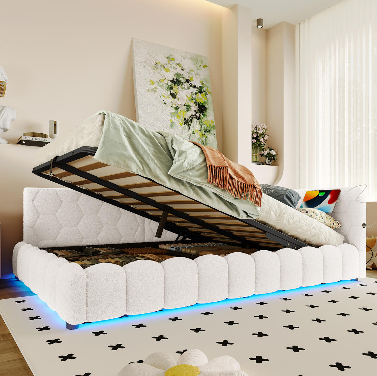 DENNÍ postel 140/200 cm bílá z MDF a sametové látky s LED osvětlením a úložným prostorem - bílá, textil (140/200cm) - OKWISH