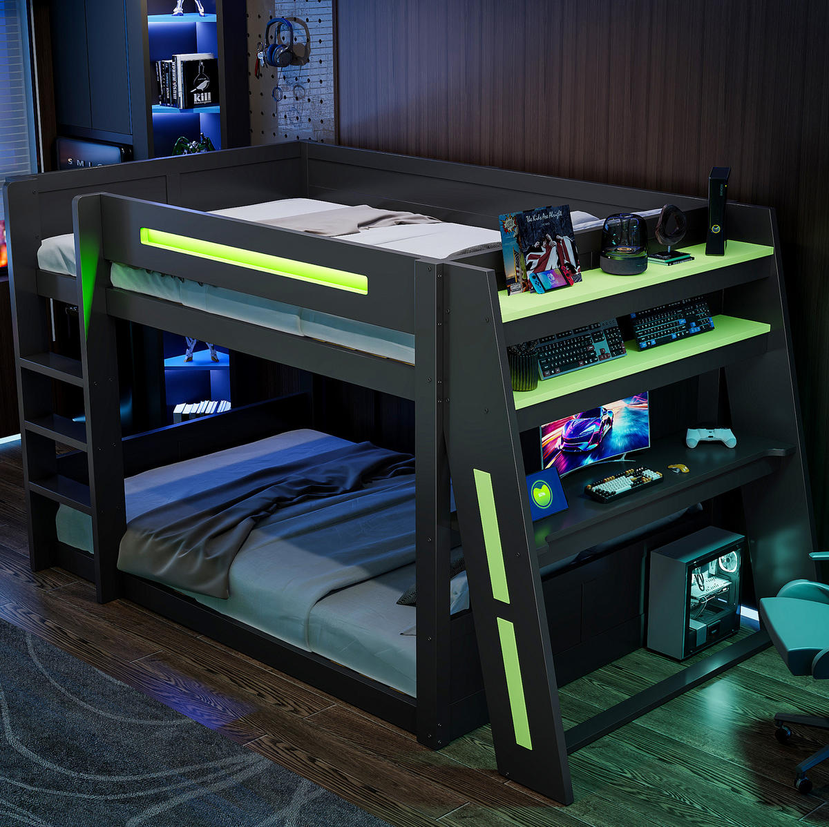ETAGENBETT 140/200 cm aus MDF und Kiefer mit Schreibtisch, USB, LED und Ablagen, Schwarz/Grün - Schwarz, Holzwerkstoff (140/200cm) - Redom