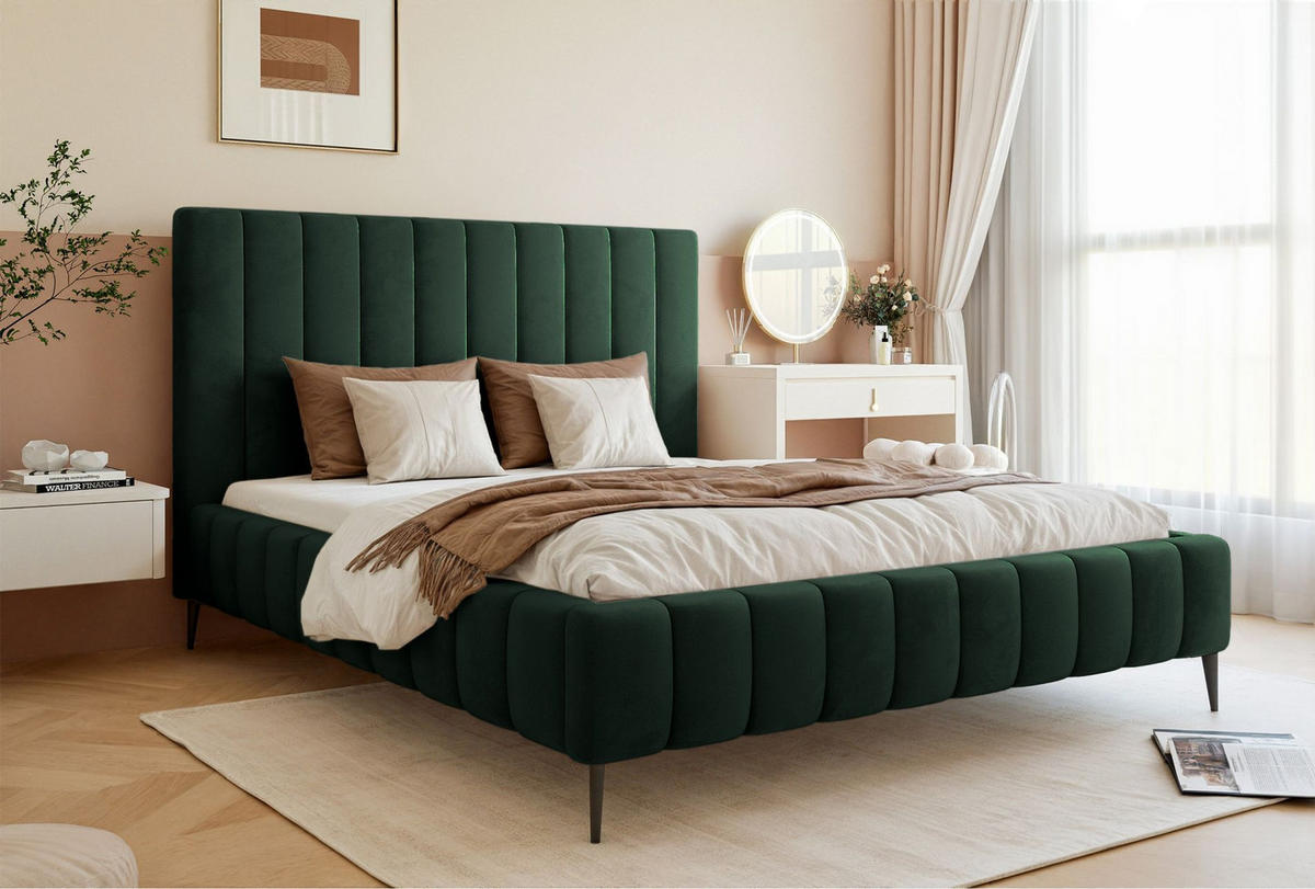POLSTERBETT Fiarro mit Metallfüßen, Dunkelgrün, Velours, 140x200 cm - Dunkelgrün, Textil/Metall (140/200cm) - Selsey
