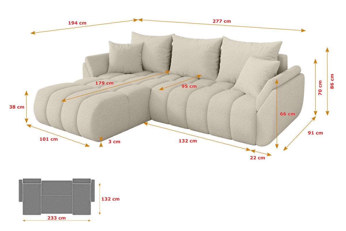 ROHOVÁ SEDAČKA s funkcí spaní, otoman vlevo TOKO-L-v1 277x194x86 béžová bouclé - černá/písková barva, kompozitní dřevo/textil (277/194cm) - ALTDECOR