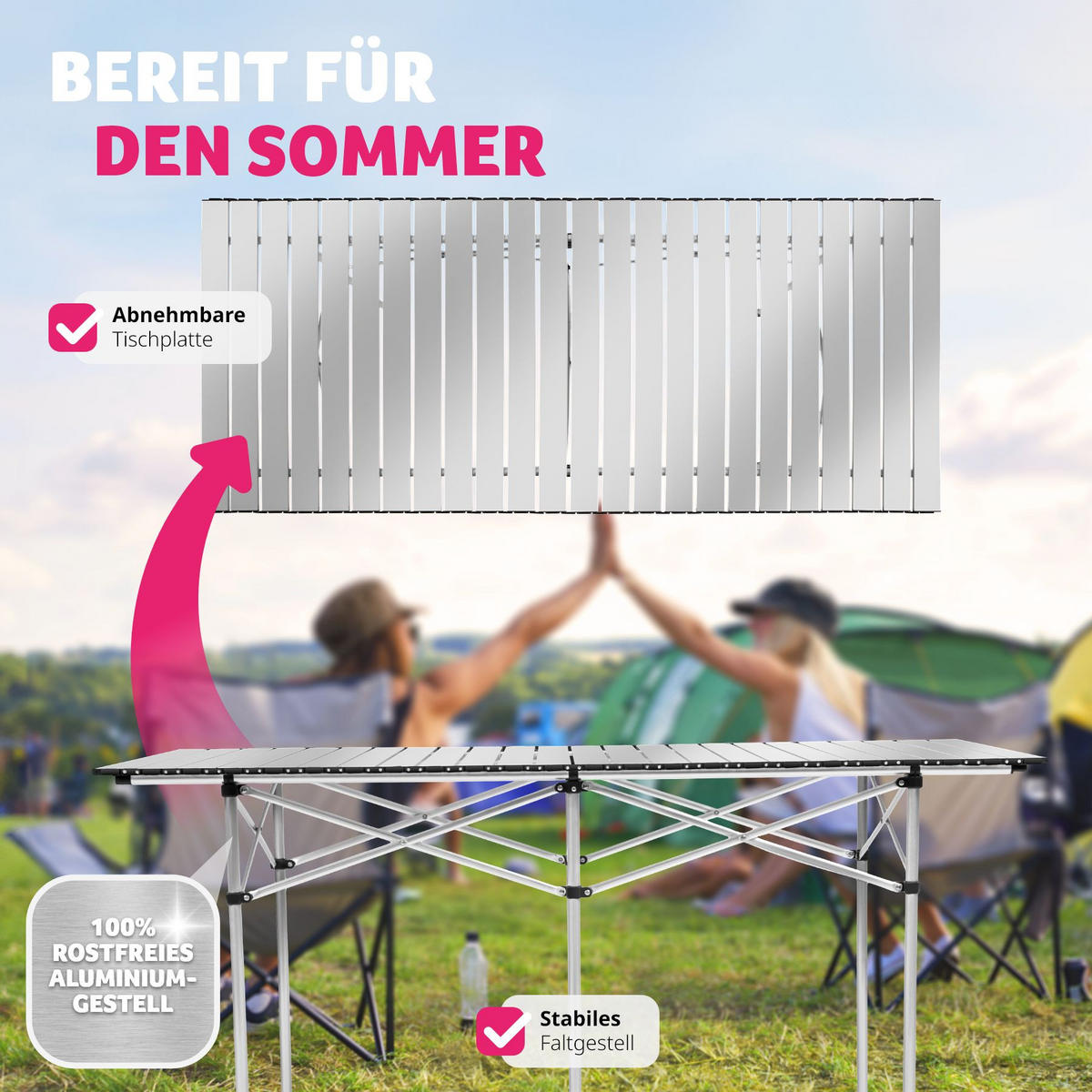 CAMPINGTISCH ,140 x 70 x 70 cm,grau - Grau, Metall (140/70/70cm) - tectake
