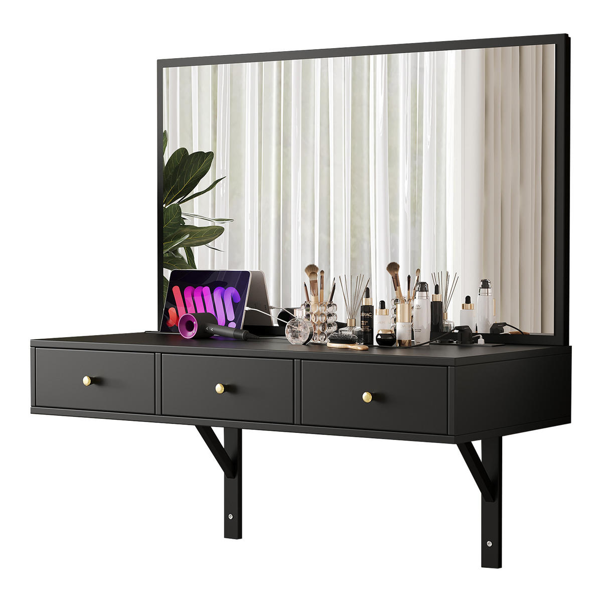 SCHMINKTISCH 100/105/45 cm schwarz mit 3 Schubladen und Steckdosen - Schwarz, Holzwerkstoff (100/105/45cm) - OKWISH