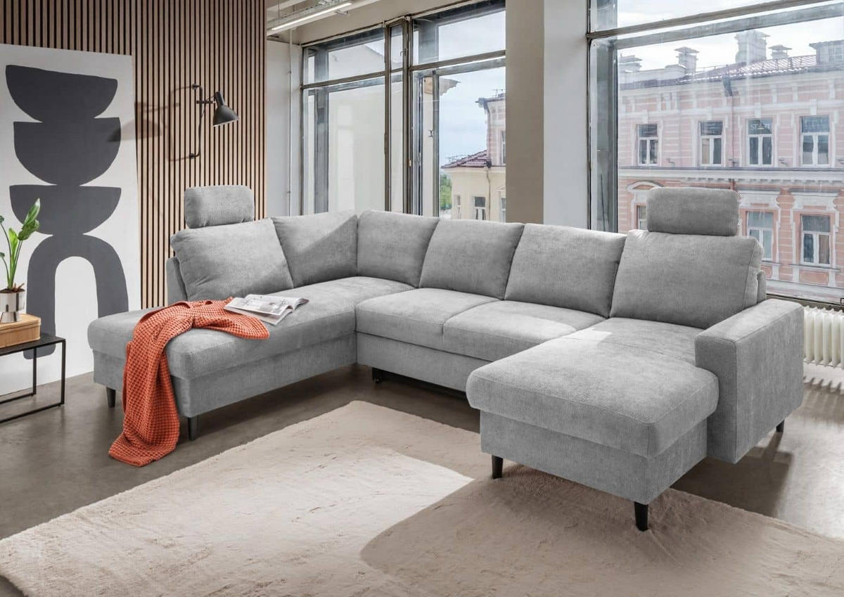 WOHNLANDSCHAFT mit Schlaffunktion und Bettkasten - Hellgrau/Schwarz, Kunststoff/Textil (305/88/200cm) - myHomelando