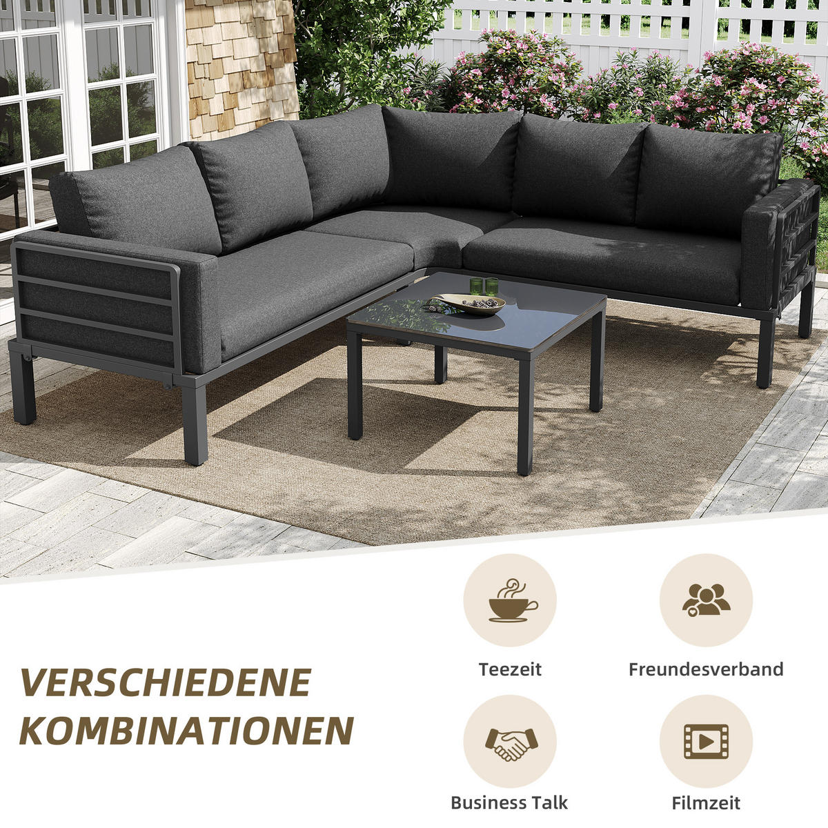GARTENSET 4-5 Sitzer Grau Mit Verstellbaren Füßen & Glastisch - Grau, Metall - FLIEKS
