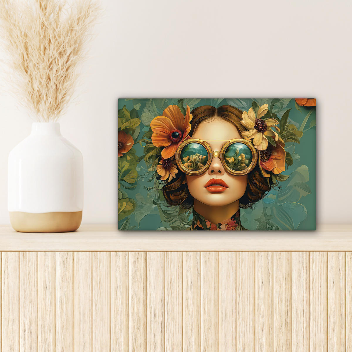 LEINWANDBILD Frau - Blumen - Schmetterlinge - Natur - Vintage Deko Schlafzimmer 30x20 cm - Salbeigrün, Textil (30/20cm) - MuchoWow