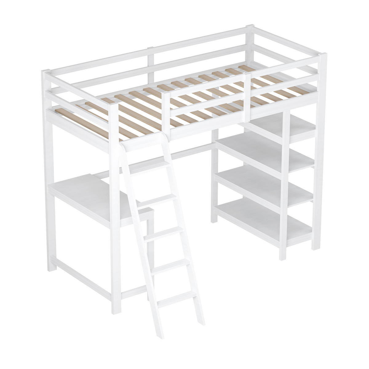 HOCHBETT 90x200 cm mit Schreibtisch & Regalen, Lattenrost, Weiß - Weiß, Holz