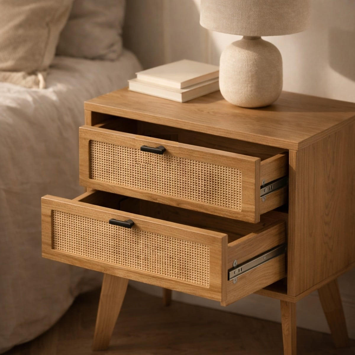 NACHTTISCH mit 2 schubladenrattanfronten und holzdekorbeinen alia 45/29/56 cm - Eschefarben, Holzwerkstoff (45/56/29cm) - Calicosy