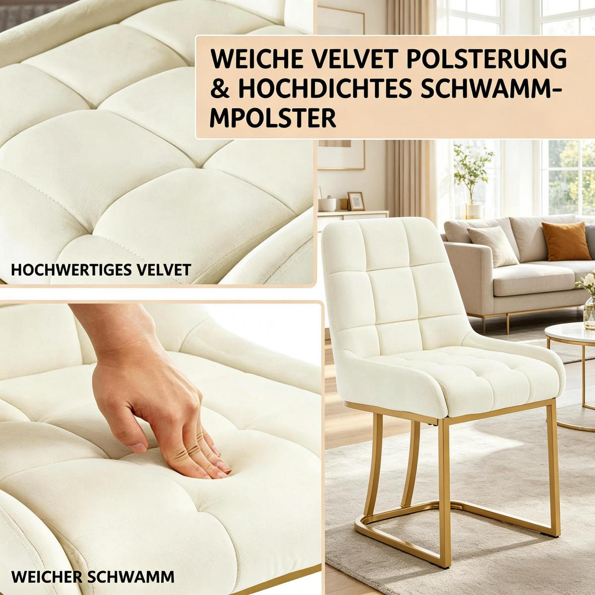 ESSSTÜHLE 2er-Set Beige Samt Metall - Beige, Metall (39/84/45cm) - Meubliv