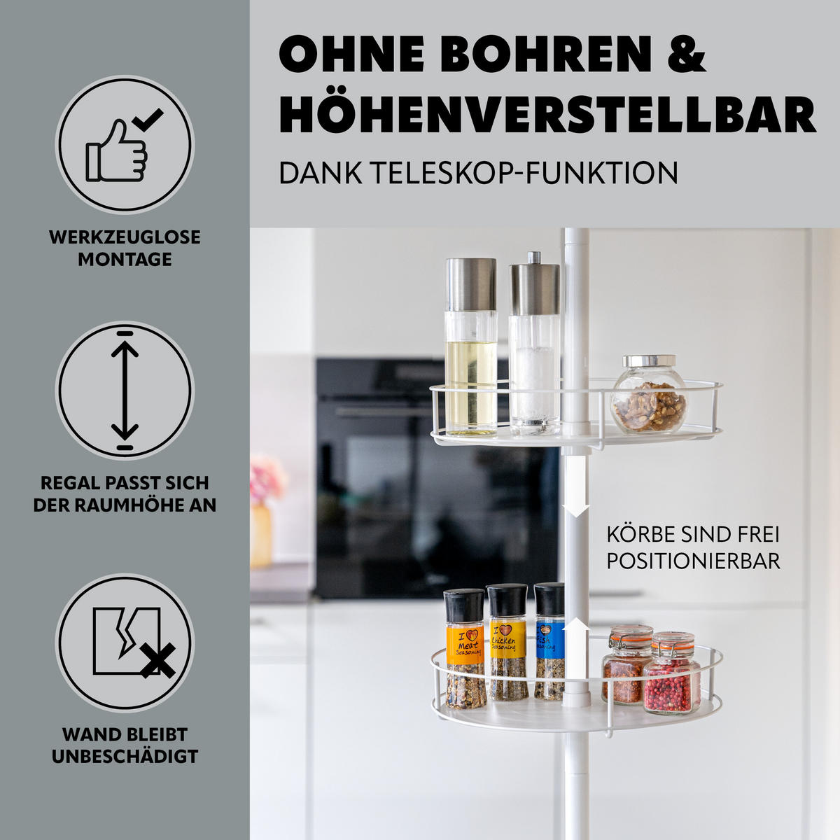 TELESKOP-KÜCHENREGAL, ausziehbar bis max. 290 cm, Metall, weiß - Weiß, Metall (31.5/290/31.5cm) - bremermann