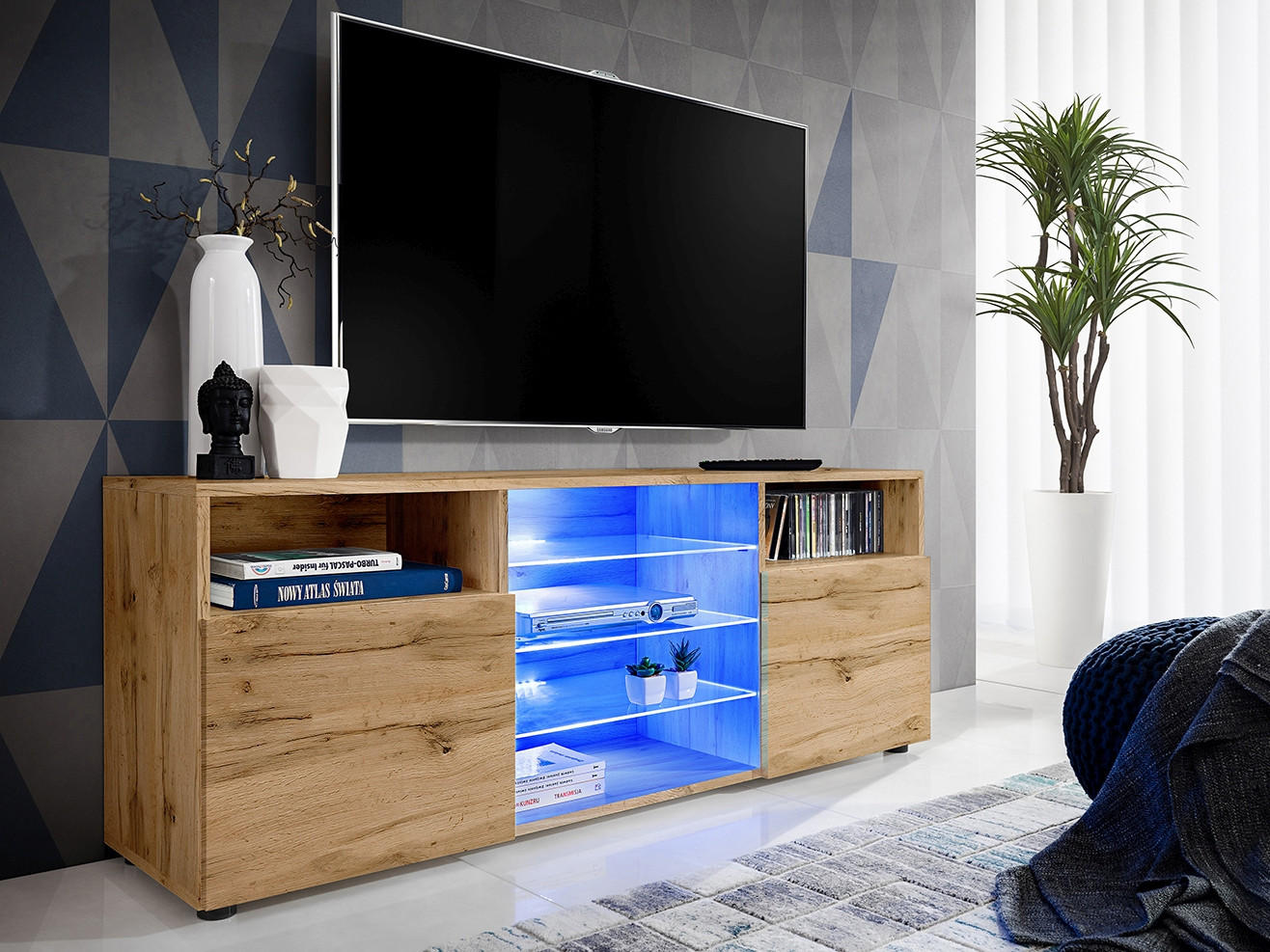 SIDEBOARD TV URBINO Schwarz, Blau LED Beleuchtung - Eiche Wotan, Glas/Holzwerkstoff (140/53/35cm) - Komodee
