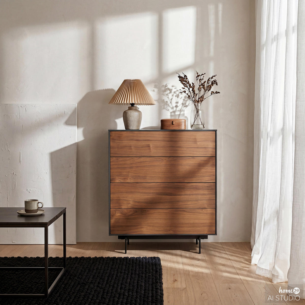FURNIERTE KOMMODE - Dunkelgrau/Walnussfarben, Holzwerkstoff/Metall (80/100/40cm) - home24