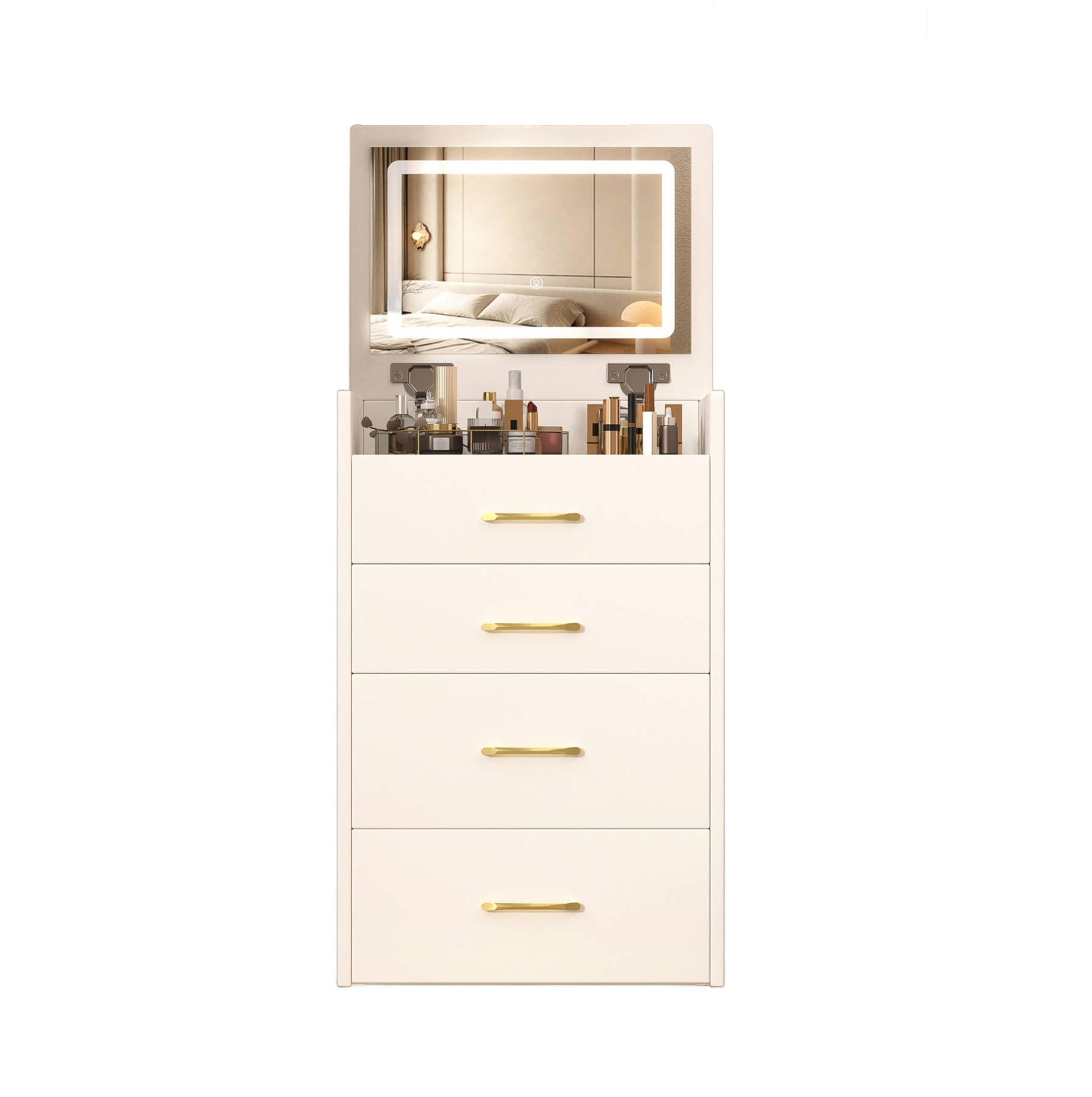 Modfu TOALETNÍ stolek z MDF 60x118x40 cm bílý se sklopným zrcadlem, stoličkou a úložným prostorem 3 v 1