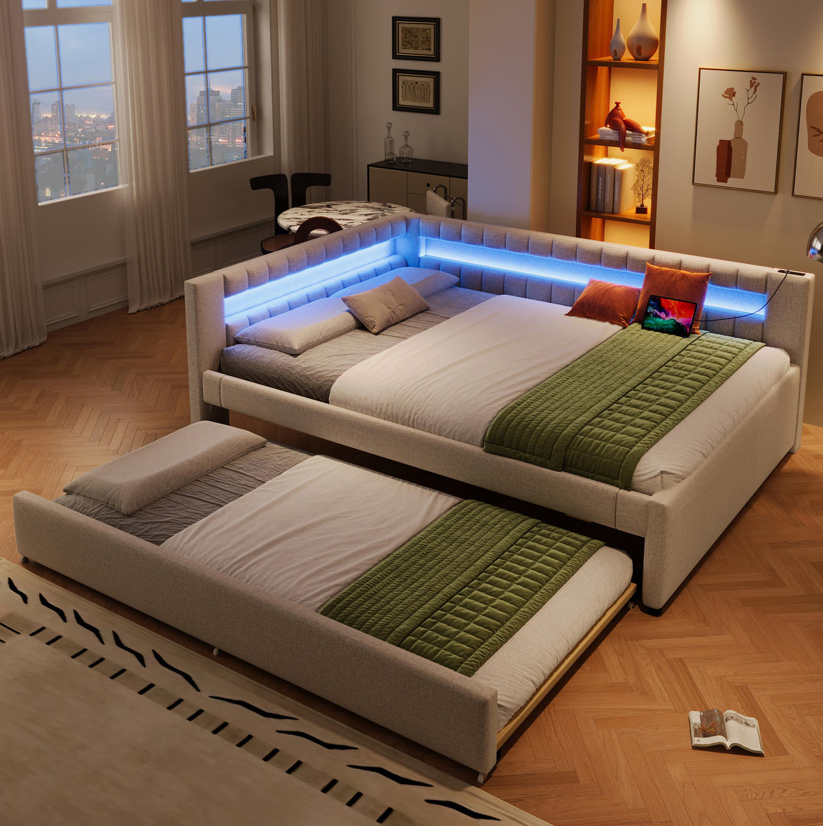 POLSTERBETT aus Leinen und MDF 140x200 cm in Beige mit LED & Ausziehbett - Beige, Textil (140/200cm) - Modfu