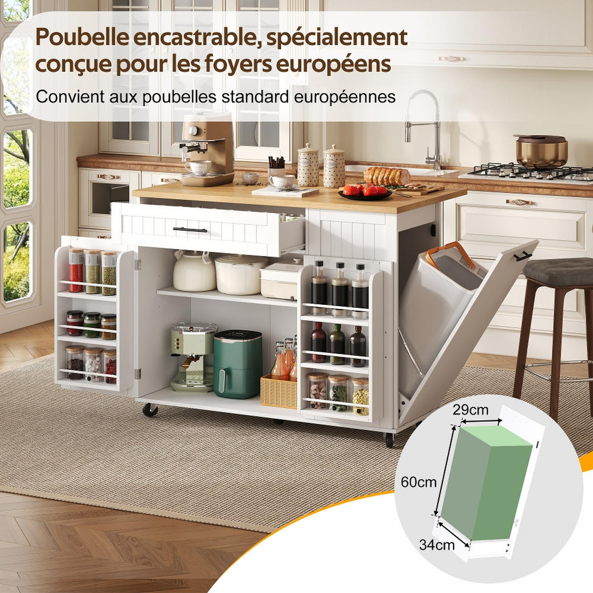 KÜCHENINSEL KLAPPBARE ARBEITSPLATTE, Mülleimerschrank, MDF, 130/70/93 cm - Weiß, Kunststoff (70/93/130cm) - Rolipo