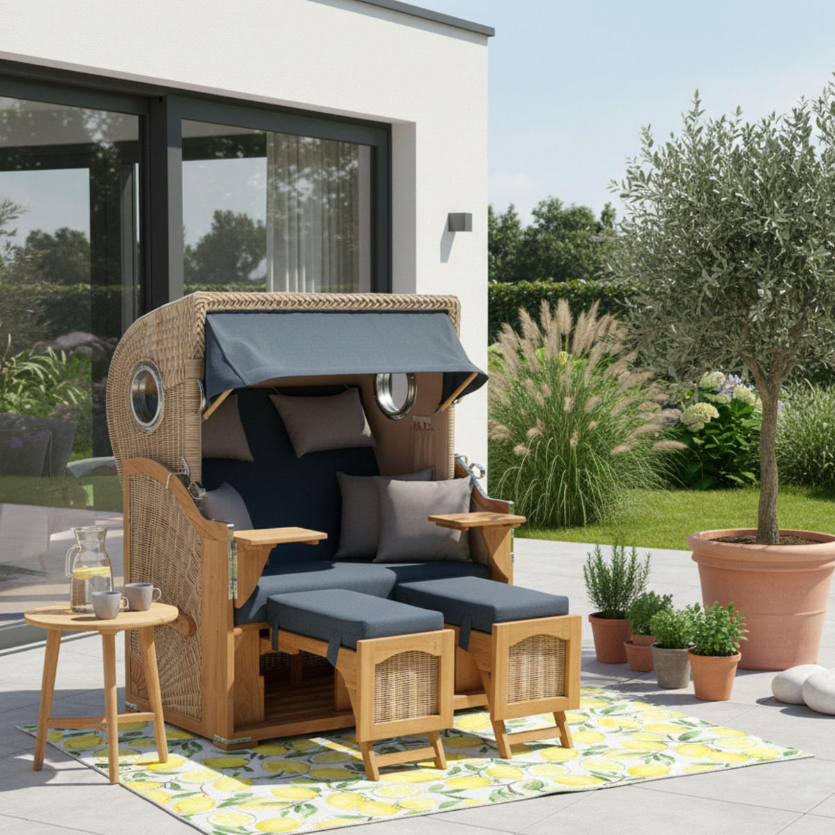 STRANDKORB Düne 2-Sitzer Teak Shell - Blau/Braun, Holz/Metall (125/170/80cm) - Mr. Deko